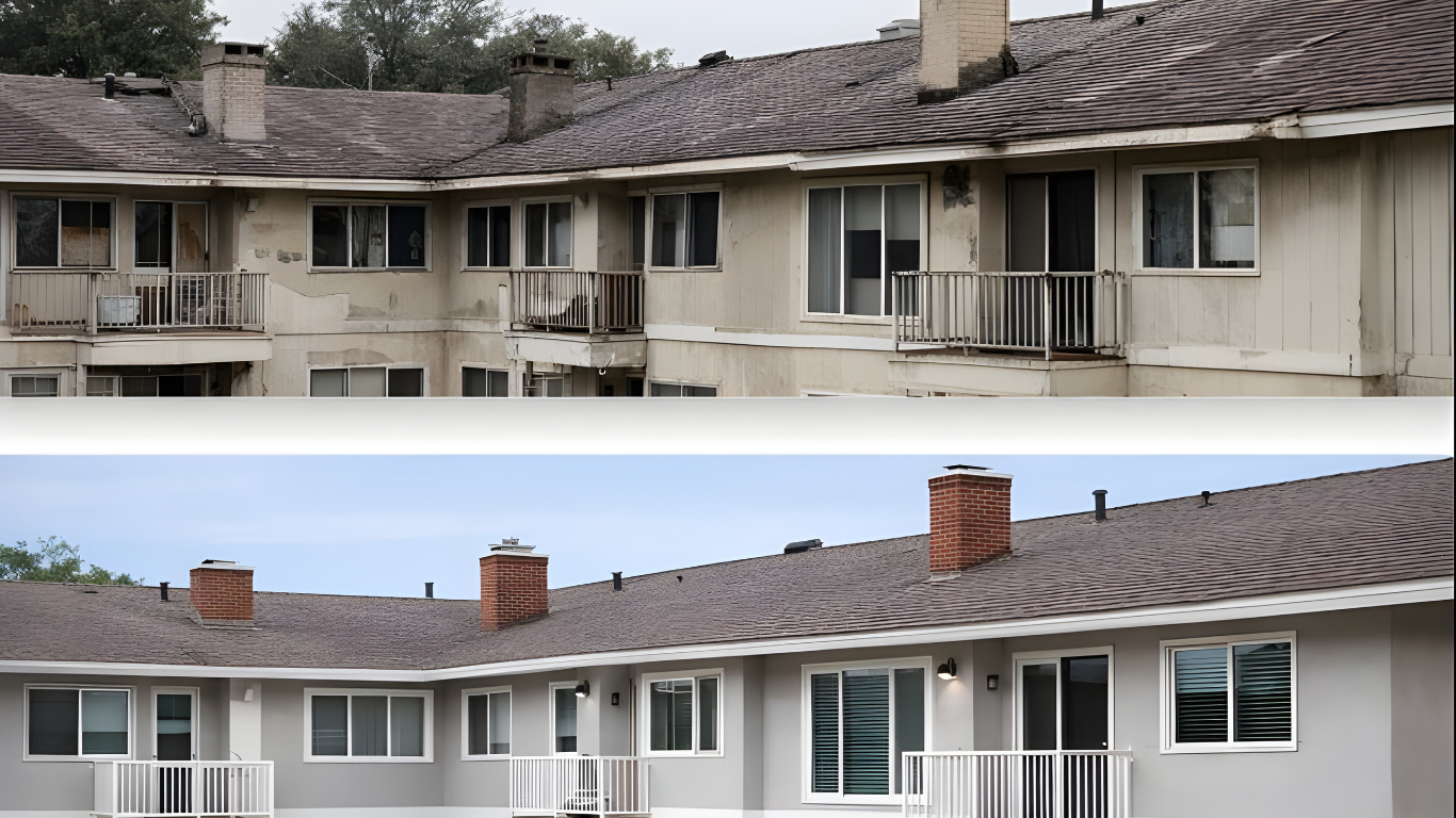 Before and after property transformation - distressed to renovated